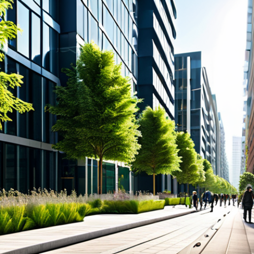 Home 19 A vibrant, sustainable urban environment at dawn, showcasing a mix of modern architecture with advanced green building technologies. Buildings feature extensive vertical gardens, reflective surfaces, and integrated solar energy systems. A professional, fully clothed pedestrian is seen walking on a wide, tree-lined street in the foreground, indicating human scale. The scene emphasizes innovative, eco-friendly design, abundant natural light, and a harmonious blend of urban life with nature. The overall aesthetic is clean, professional, and visually stunning, reflecting a commitment to environmental stewardship. safe for work, appropriate content, fully clothed, professional, family-friendly, perfect anatomy, correct proportions, natural body proportions, well-formed hands, professional photography, high quality, detailed, realistic.