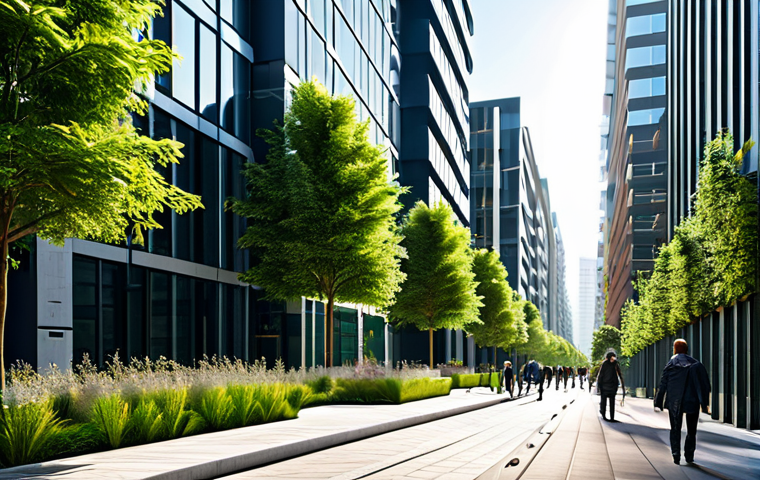 A vibrant, sustainable urban environment at dawn, showcasing a mix of modern architecture with advanced green building technologies. Buildings feature extensive vertical gardens, reflective surfaces, and integrated solar energy systems. A professional, fully clothed pedestrian is seen walking on a wide, tree-lined street in the foreground, indicating human scale. The scene emphasizes innovative, eco-friendly design, abundant natural light, and a harmonious blend of urban life with nature. The overall aesthetic is clean, professional, and visually stunning, reflecting a commitment to environmental stewardship. safe for work, appropriate content, fully clothed, professional, family-friendly, perfect anatomy, correct proportions, natural body proportions, well-formed hands, professional photography, high quality, detailed, realistic.