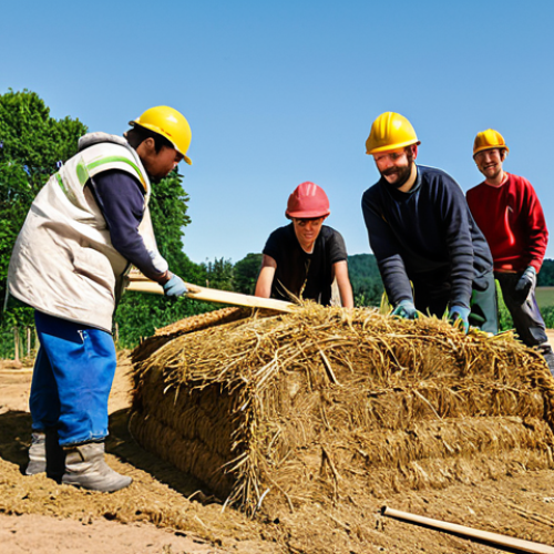 Home 18 A group of diverse individuals, including students and experienced builders, fully clothed in modest, practical work attire, collaboratively constructing a wall using natural materials like earth and straw bales. They are in an outdoor workshop setting under a clear sky, with piles of raw earth, straw, and traditional tools visible around them. The scene captures the essence of community and hands-on learning in ecological architecture. The individuals are engaged in natural poses, demonstrating teamwork and dedication to sustainable practices. Perfect anatomy, correct proportions, well-formed hands, natural body proportions. Safe for work, appropriate content, fully clothed, professional, family-friendly, high-quality photograph, realistic rendering, natural daylight.
