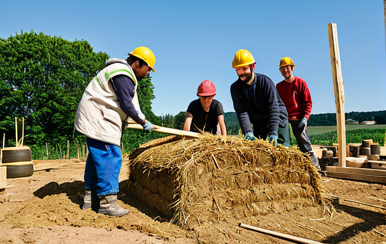 A group of diverse individuals, including students and experienced builders, fully clothed in modest, practical work attire, collaboratively constructing a wall using natural materials like earth and straw bales. They are in an outdoor workshop setting under a clear sky, with piles of raw earth, straw, and traditional tools visible around them. The scene captures the essence of community and hands-on learning in ecological architecture. The individuals are engaged in natural poses, demonstrating teamwork and dedication to sustainable practices. Perfect anatomy, correct proportions, well-formed hands, natural body proportions. Safe for work, appropriate content, fully clothed, professional, family-friendly, high-quality photograph, realistic rendering, natural daylight.