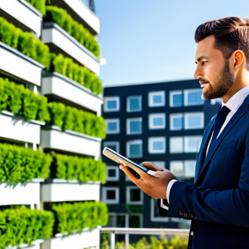 Home 17 A professional real estate agent, fully clothed in a modest business suit, standing confidently in front of a modern, multi-story green residential building. The building features visible solar panels on the rooftop and lush vertical gardens on its facade, basking in bright, natural sunlight. A subtle digital interface on a tablet held by the agent displays energy efficiency data. Professional photography, high detail, sharp focus, natural lighting, perfect anatomy, correct proportions, well-formed hands, natural body proportions, safe for work, appropriate content, fully clothed, professional, modest.