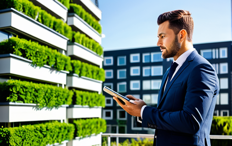 A professional real estate agent, fully clothed in a modest business suit, standing confidently in front of a modern, multi-story green residential building. The building features visible solar panels on the rooftop and lush vertical gardens on its facade, basking in bright, natural sunlight. A subtle digital interface on a tablet held by the agent displays energy efficiency data. Professional photography, high detail, sharp focus, natural lighting, perfect anatomy, correct proportions, well-formed hands, natural body proportions, safe for work, appropriate content, fully clothed, professional, modest.