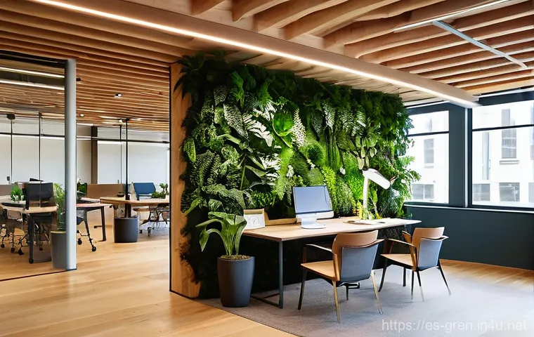 친환경 건축과 대체 재료 연구 - **Prompt 1: Biophilic Office Space with Vertical Garden**
A bright, modern office interior desig...
