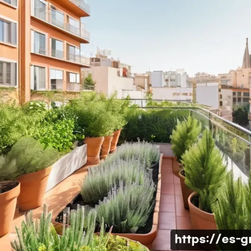 친환경 건축과 생태계 복원 사례 - **Prompt:** "A vibrant, sun-drenched rooftop garden on a modern Barcelona apartment building. Lush v...