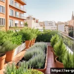 친환경 건축과 생태계 복원 사례 - **Prompt:** "A vibrant, sun-drenched rooftop garden on a modern Barcelona apartment building. Lush v...