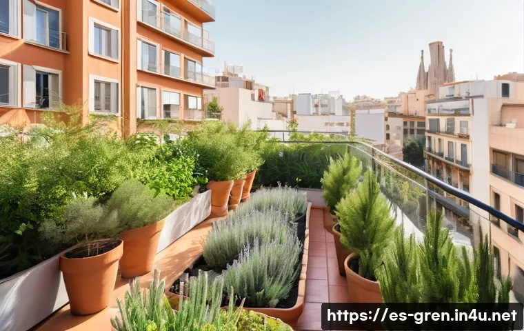 친환경 건축과 생태계 복원 사례 - **Prompt:** "A vibrant, sun-drenched rooftop garden on a modern Barcelona apartment building. Lush v...