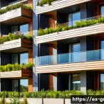 친환경 건축과 미래 건축 전망 - A modern sustainable residential building featuring certified wood exterior cladding with natural wa...