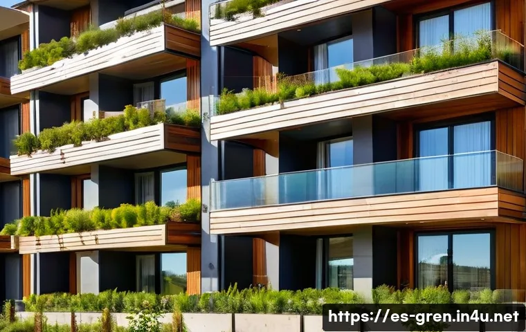 친환경 건축과 미래 건축 전망 - A modern sustainable residential building featuring certified wood exterior cladding with natural wa...