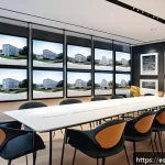 친환경 건축에서의 빔 BIM  기술 활용 - A modern architectural design studio in Spain showcasing advanced BIM technology on large digital sc...