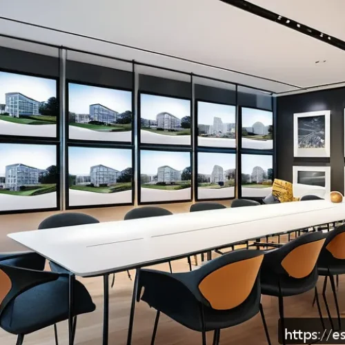 친환경 건축에서의 빔 BIM  기술 활용 - A modern architectural design studio in Spain showcasing advanced BIM technology on large digital sc...