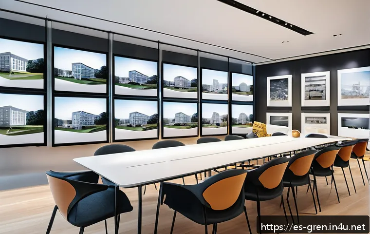 친환경 건축에서의 빔 BIM  기술 활용 - A modern architectural design studio in Spain showcasing advanced BIM technology on large digital sc...