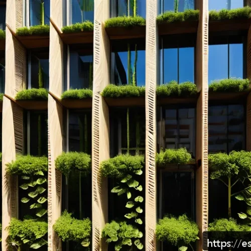 친환경 건축과 글로벌 트렌드 비교 - A modern sustainable building facade featuring ventilated biomimetic materials inspired by natural t...