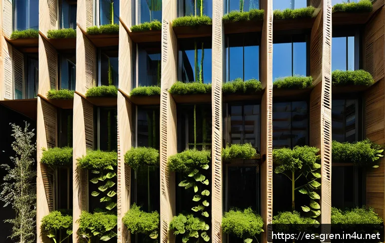 친환경 건축과 글로벌 트렌드 비교 - A modern sustainable building facade featuring ventilated biomimetic materials inspired by natural t...